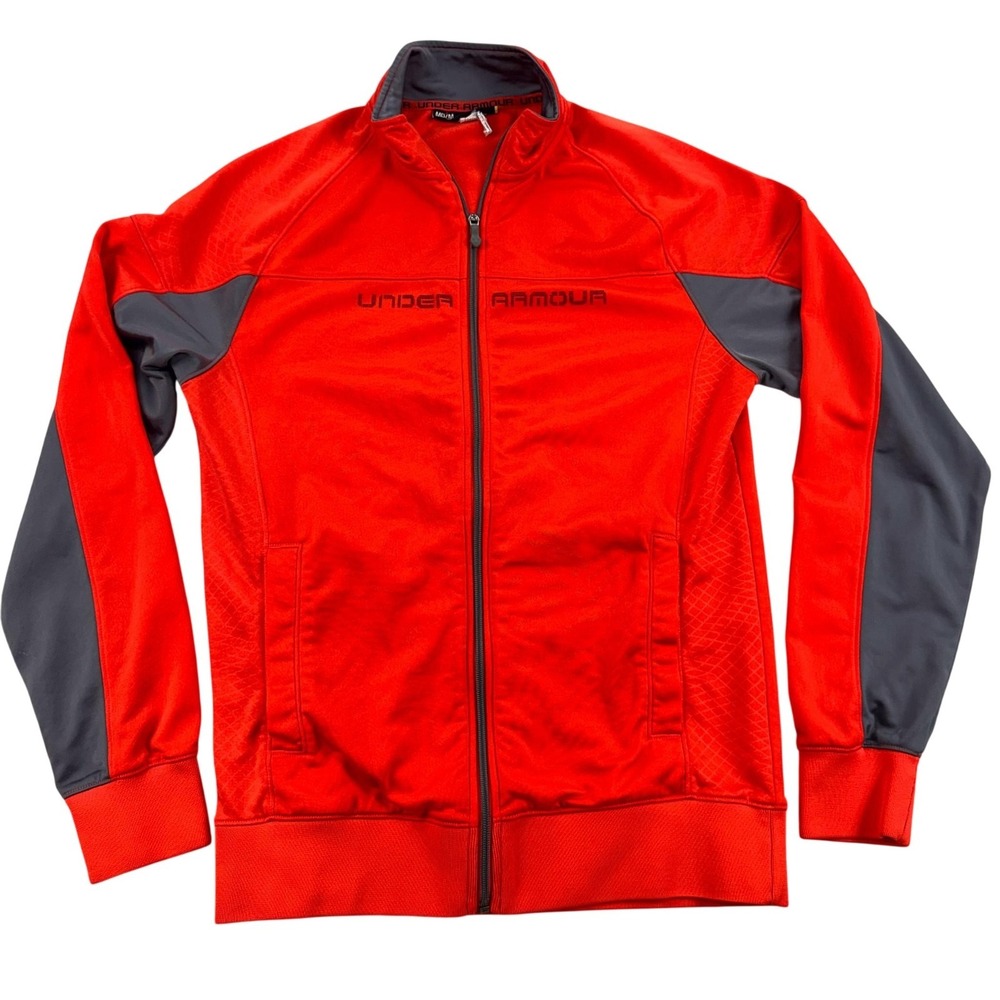 Under Armour Jacket Men Medium Orange Gray Full Zip Track Knit Athletic Training